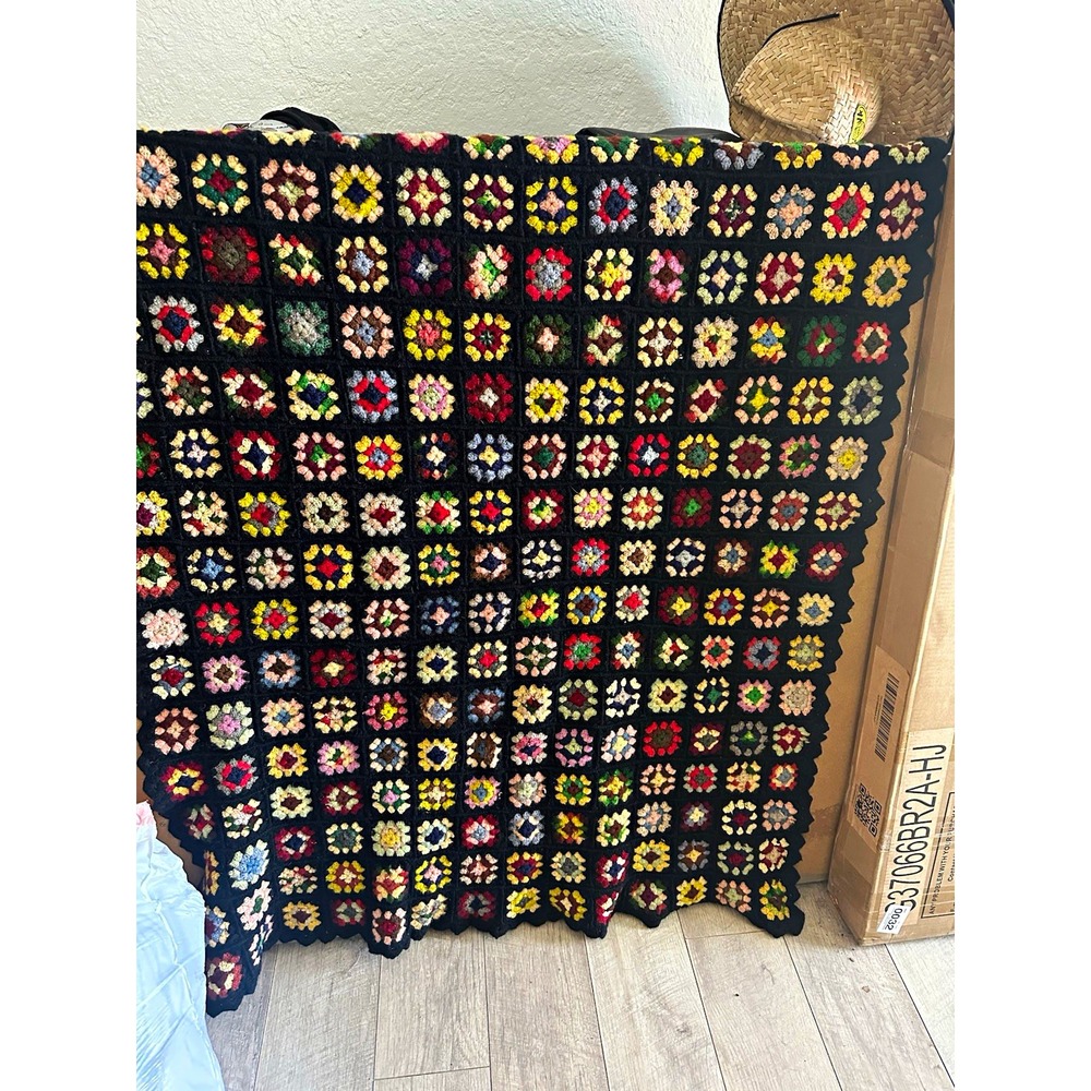 Vintage Handmade Crochet Granny Square Afghan Blanket Black Multicolor 57" x 38"